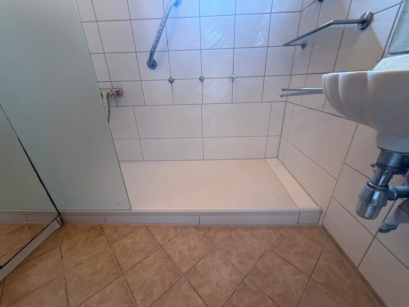 Duschbereich mit Haltegriffen und erhöhter Einstiegskante